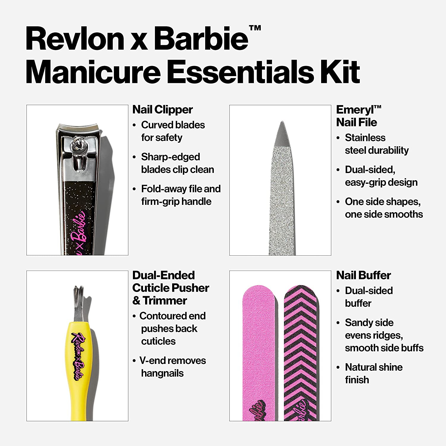 Revlon x Barbie Manicure Essentials Kit, 4 Piece Stainless Steel Beauty Set  Includes Nail Buffer, Emeryl File, Cuticle Pusher, Nail Clipper & Travel  Case - Big2 Bazaar